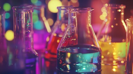 Aufkleber - A close-up of laboratory glassware filled with bright liquids, capturing the beauty and complexity of scientific exploration.