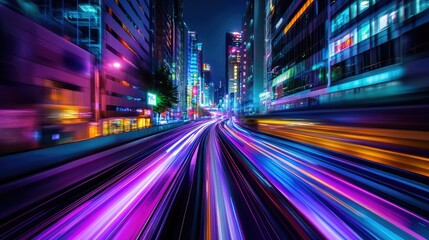 Poster - A colorful and vibrant nighttime scene of a futuristic city, captured from a moving car, showcasing the excitement of urban exploration.