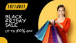 © vgstudio - Black Friday Sale 50% discount ad concept - beautiful woman in orange dress stand isolated yellow background, hold show colourful shop bags. Mockup template design banner.