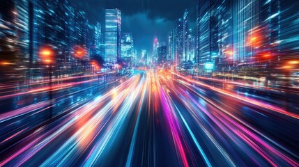 Poster - A creative representation of a drive through a glowing futuristic city, with colorful lights reflecting off sleek surfaces and innovative buildings.
