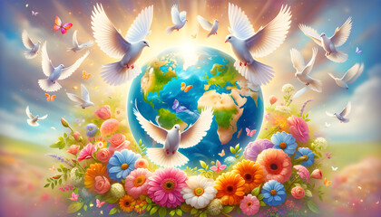 Colorful illustration of doves and flowers surrounding the Earth, celebrating World Peace Day, vibrant and lively design