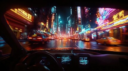 Aufkleber - A striking view from a car traveling through a futuristic city at night, showcasing a blend of vibrant neon lights and innovative architecture.
