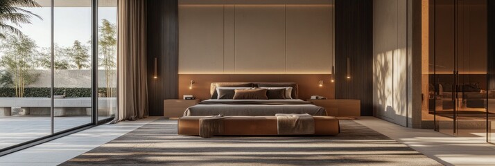 Wall Mural - A modern, minimalist bedroom featuring natural light and elegant furnishings.