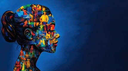 Poster - Artistic representation of a woman silhouette filled with colorful images of diverse people, showcasing interconnectedness on a dark blue canvas.