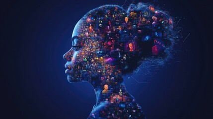 Poster - Artistic representation of a woman silhouette filled with colorful images of diverse people, showcasing interconnectedness on a dark blue canvas.