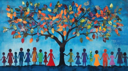 Poster - Artistic silhouette filled with colorful representations of people, symbolizing interconnectedness, against a calm blue background.