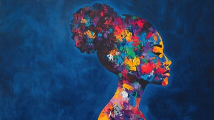 Poster - Bold silhouette of a woman filled with vibrant imagery of community, showcasing unity and diversity against a deep blue canvas.