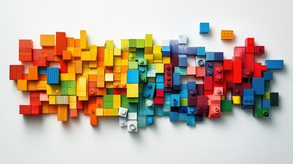 Poster - Colorful toy bricks displayed artistically on a white background, capturing the essence of childhood and imagination in play.