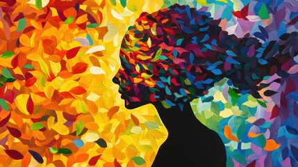 Poster - Creative artwork featuring a silhouette of a woman filled with a kaleidoscope of colors representing people, celebrating collaboration and togetherness.