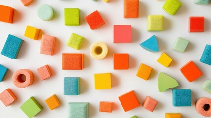 Wall Mural - Overhead shot of a mix of colorful toy blocks, perfect for children's games, set against a crisp white background.