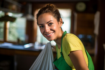 Wall Mural - Beautiful female cleaning service woman worker girl housekeeper generative AI