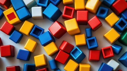 Poster - Top view of colorful toy blocks scattered on a clean white surface, evoking creativity and joy in playtime for kids.