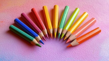 Poster - Vibrant colored pencils creatively arranged in a semi-circle on a pink surface, showcasing a playful and artistic mood.