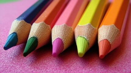 Poster - Vibrant colored pencils creatively arranged in a semi-circle on a pink surface, showcasing a playful and artistic mood.