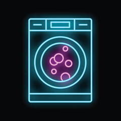 Poster - glowing neon line washing machine representation showing bubbles inside on black background