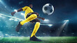 © master1305 - 3D render of stadium. Focused and skillful man, soccer player in yellow uniform competing for the victory during final match, controlling ball. Concept of sport, tournament, competition, game event