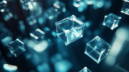 Poster - floating transparent cubes in a digitally created environment with blue hues and reflections