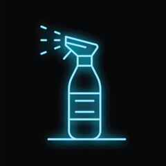 Poster - Glowing neon line spray bottle for cleaning, gardening, hairdressing on black background