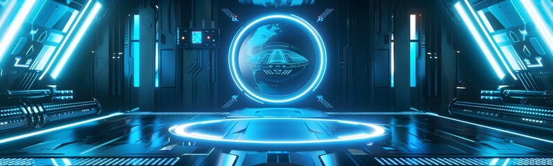 Wall Mural - blue podium with blue light in the dark room