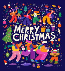Wall Mural - merry christmas holiday illustration. christmas decorative illustration with fun people, christmas t