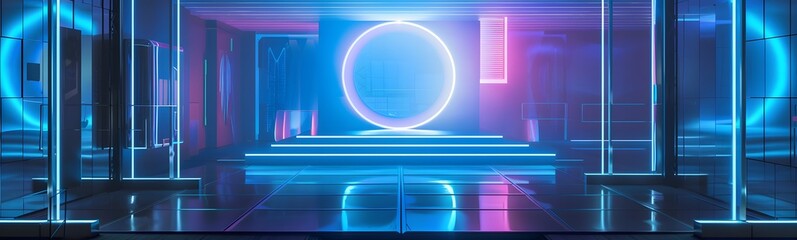 Wall Mural - blue podium with blue light in the dark room