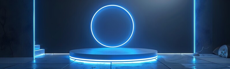 Wall Mural - blue podium with blue light in the dark room