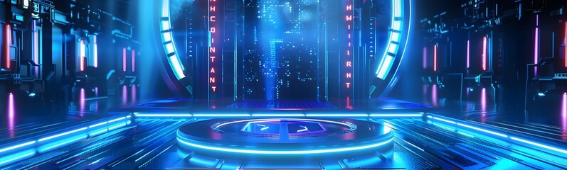 Wall Mural - blue podium with blue light in the dark room