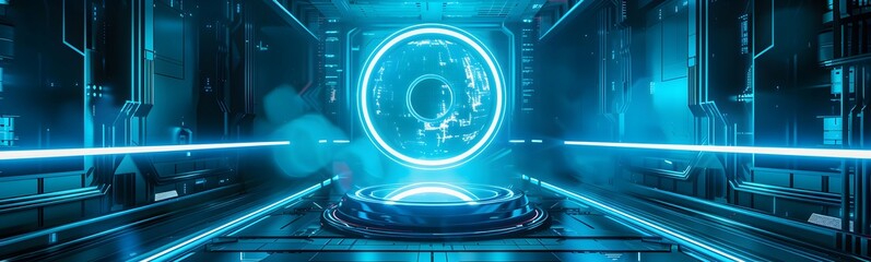 Wall Mural - blue podium with blue light in the dark room