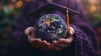 closeup image of a pair of hands holding a blue globe with clouds continents and oceans The globe is resting on top of a purple graduation cap symbolizing education and the world