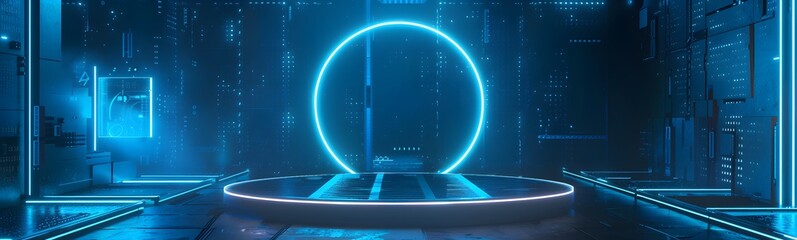 Wall Mural - blue podium with blue light in the dark room