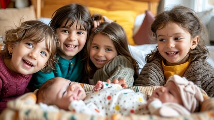 Family celebrates christmas joyfully around manger with their newborn baby s arrival