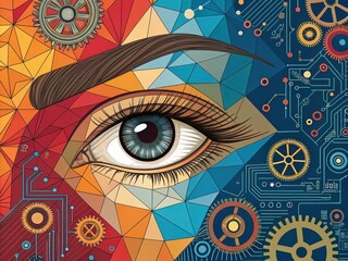 Wall Mural - An intricate fusion of technology and art showcased through a vibrant geometric eye surrounded by mechanical gears and circuitry. Generative AI