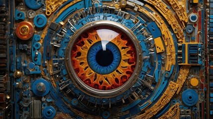 A vibrant, intricate mechanical eye surrounded by a colorful array of gears and circuits, capturing the essence of technology and art. Generative AI