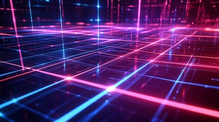 Poster - a vibrant digital landscape with neon blue and pink grid patterns illuminated against a dark backgro