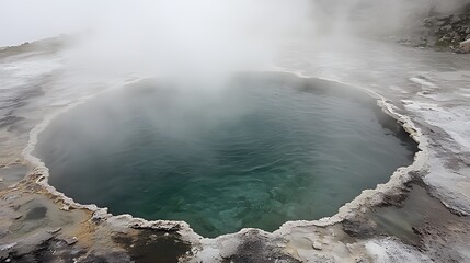 A close-up of a steaming hot spring with turquoise water and a white rim.