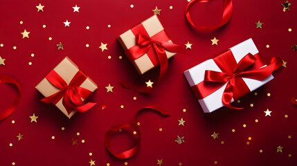 Wall Mural - white christmas gifts with red ribbons and decorations in a row on red abstract background. horizont