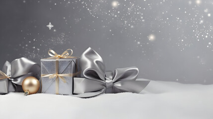 Wall Mural - silver christmas gifts, balls and decorations in a row on a gold abstract background. horizontal com