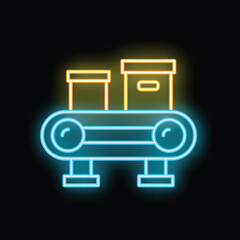 Poster - Neon glowing icon of a conveyor belt moving cardboard boxes, representing concepts like logistics and delivery