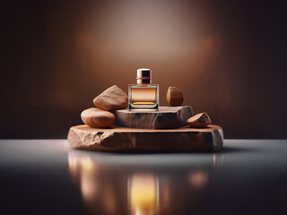 Aufkleber - A glass bottle of perfume sits on a stone pedestal with three rocks surrounding it.