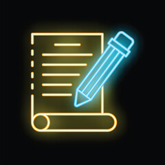 Poster - Bright neon icon of a blue pencil writing on a yellow notepad on a dark background