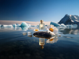 Poster - A glass bottle of perfume rests on a rock in a frozen lake, surrounded by white daisy petals and flowers. The bottle reflects in the water, while snow capped mountains rise in the background.