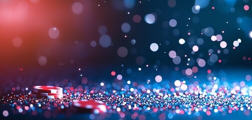 Poster - Vibrant, colorful bokeh effect with scattered round particles and glimmering lights against a deep blue background, ideal for creative projects.