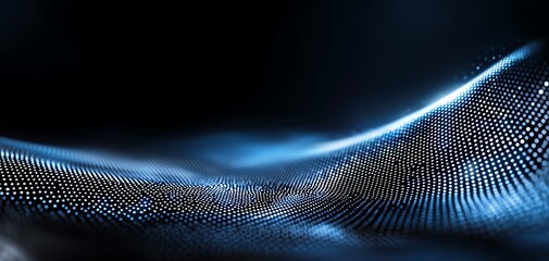 Poster - Abstract digital wave with glowing blue dots on a dark background, creating a mesmerizing depth effect.