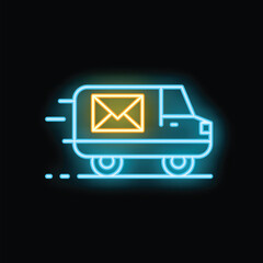 Poster - Neon sign depicting a delivery truck with a letter, symbolizing fast and efficient postal service