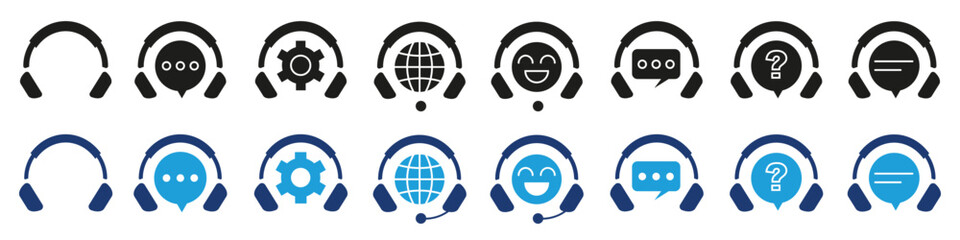 Aufkleber - Support symbols with speech bubble and headphones in black. Hot line icons. Support icon collection