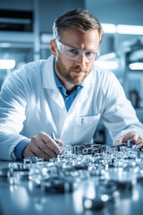 Poster - A technician inspects precision parts on a workbench to ensure quality standards in the lab