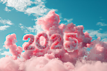 Vibrant pink clouds shape the year 2025 in a bright blue sky, symbolizing optimism and the future. A surreal, hopeful vision for the upcoming year.