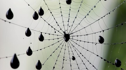 Close-up of spider web adorned with droplets, showcasing intricate patterns