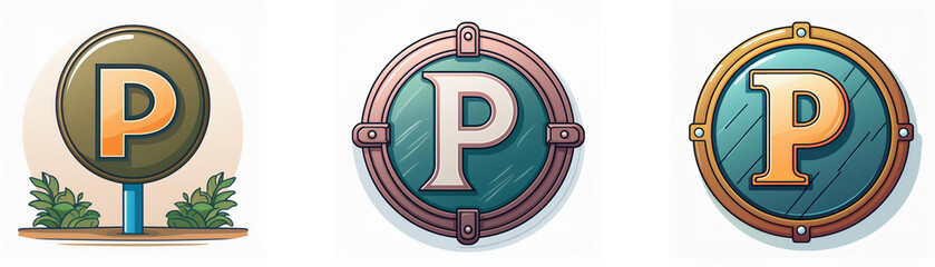 Poster - Three round badges feature the letter P in a circular shape with varying backgrounds and frames.