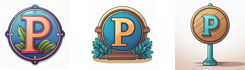 Aufkleber - Three circular signs with a stylized letter P, each with different color schemes and designs.